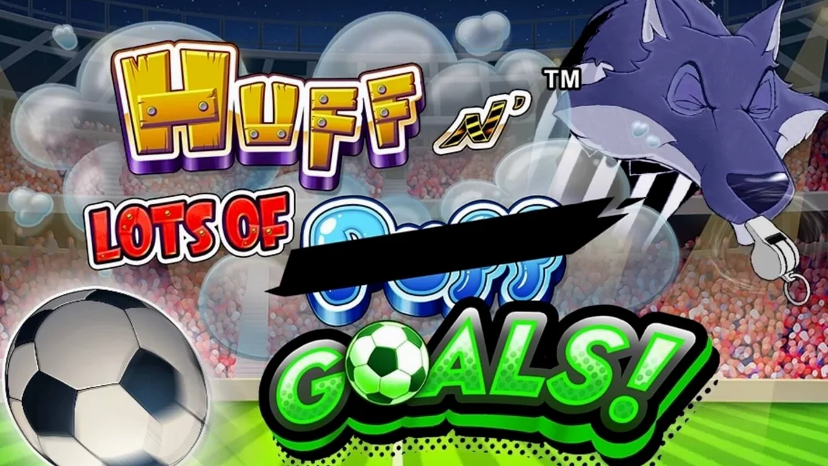 Tampilan visual slot Huff N' Lots of Goals dengan tema sepak bola dan babi kecil