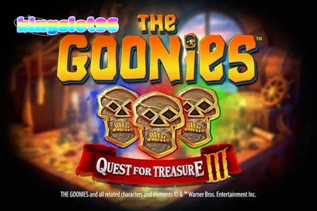 Tampilan layar permainan slot The Goonies Quest for Treasure 3 dengan karakter film dan simbol harta karun.